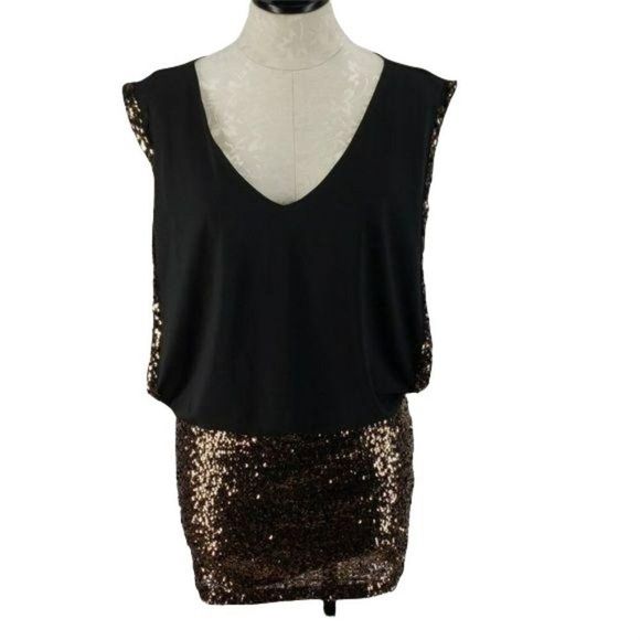 Bebe Women's Black & Gold Sequin Mini Bodycon Sleeveless Dress Size Small - Picture 2 of 8